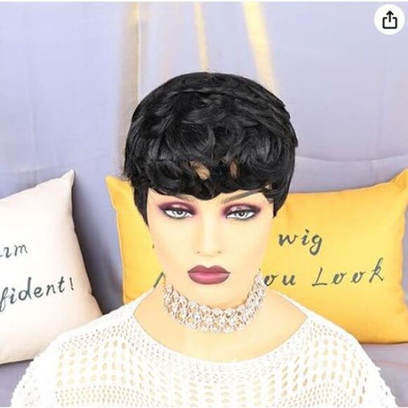 Human Hair Short Black Pixie Wig 3in - Picture 1 of 11